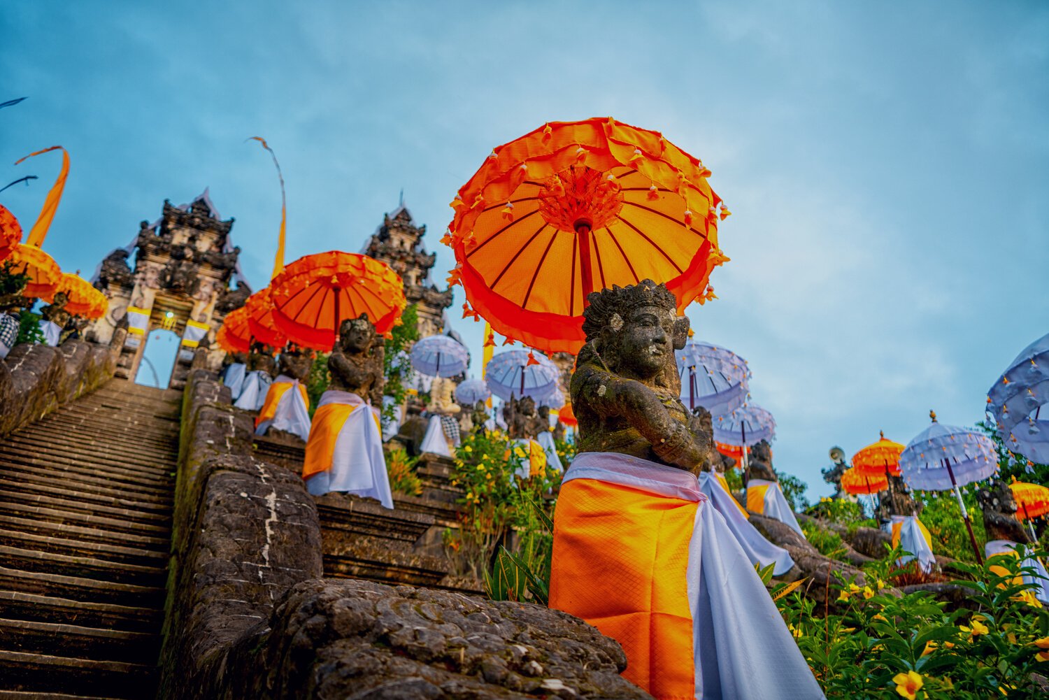 Decorated for the holiday Galungan statue of a Balinese temple. Bali, Indonesia